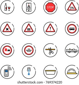 line vector icon set - wine vector, christmas mobile, stop road sign, side wind, railway intersection, attention, no bus, truck overtake, tax peage, opening, cabrio, phone, laser, basin