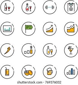 line vector icon set - wine vector, barbell, pull ups, statistics, ipo, rise, growth, dollar chart, drink, coconut cocktail, beer
