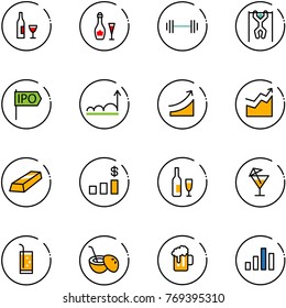 line vector icon set - wine vector, barbell, pull ups, ipo, growth, rise, gold, dollar chart, drink, coconut cocktail, beer