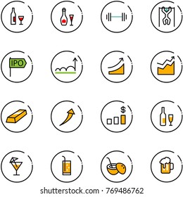 line vector icon set - wine vector, barbell, pull ups, ipo, growth, rise, gold, dollar chart, drink, coconut cocktail, beer