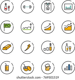 line vector icon set - wine vector, barbell, pull ups, statistics, ipo, growth, rise, gold, dollar chart, drink, coconut cocktail, beer