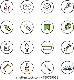 line vector icon set - wine vector, kidneys, dollar exchange, money torch, cursor, flag, search, green tea, ice cream, basin, wrench, staple, brush, forceps, toy car