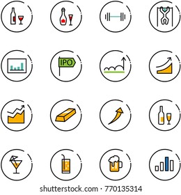 line vector icon set - wine vector, barbell, pull ups, statistics, ipo, growth, rise, gold, drink, beer, chart
