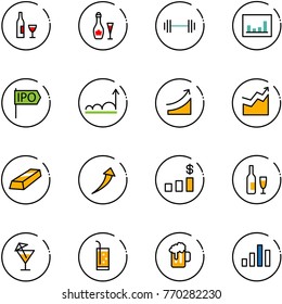 line vector icon set - wine vector, barbell, statistics, ipo, growth, rise, gold, dollar chart, drink, beer