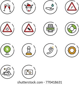 line vector icon set - wine glasses vector, christmas deer hat, drop hand, turn right road sign, round motion, multi lane traffic, printer, circle chart, money tree, pawn, flying man, sun, mountains