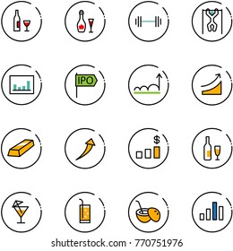 line vector icon set - wine vector, barbell, pull ups, statistics, ipo, growth, rise, gold, dollar chart, drink, coconut cocktail