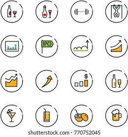 line vector icon set - wine vector, barbell, pull ups, statistics, ipo, growth, rise, dollar chart, drink, coconut cocktail, beer