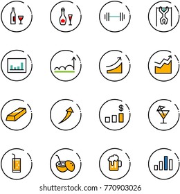 line vector icon set - wine vector, barbell, pull ups, statistics, growth, rise, gold, dollar chart, drink, coconut cocktail, beer