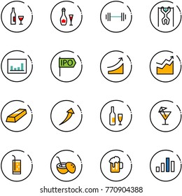 line vector icon set - wine vector, barbell, pull ups, statistics, ipo, rise, growth, gold, drink, coconut cocktail, beer, chart