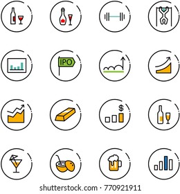 line vector icon set - wine vector, barbell, pull ups, statistics, ipo, growth, rise, gold, dollar chart, drink, coconut cocktail, beer