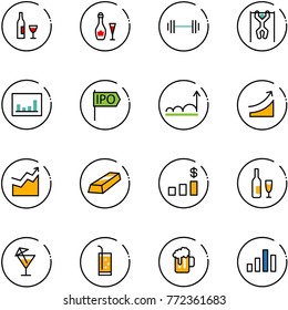 line vector icon set - wine vector, barbell, pull ups, statistics, ipo, growth, rise, gold, dollar chart, drink, beer