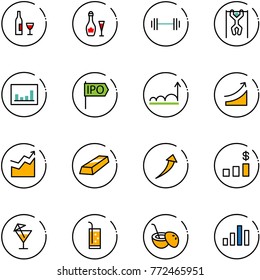line vector icon set - wine vector, barbell, pull ups, statistics, ipo, growth, rise, gold, dollar chart, drink, coconut cocktail
