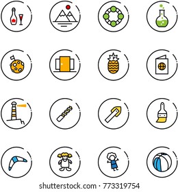 line vector icon set - wine vector, mountains, friends, round flask, moon flag, doors, pineapple, passport, lighthouse, drill, tile, brush, boomerang, doll, basketball