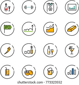 line vector icon set - wine vector, barbell, pull ups, statistics, ipo, growth, gold, dollar chart, drink, coconut cocktail, beer