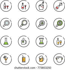 line vector icon set - wine vector, champagne, bacteria, magnifier, head hunter, search money, flask, green tea, sand clock, drink, beer, protect glass