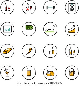 line vector icon set - wine vector, barbell, pull ups, statistics, ipo, growth, rise, gold, dollar chart, drink, coconut cocktail, beer