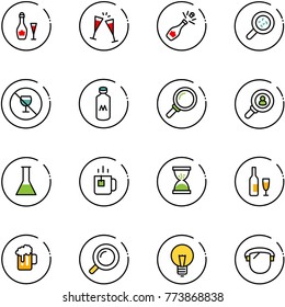 line vector icon set - wine vector, glasses, champagne, bacteria, no alcohol sign, milk, magnifier, head hunter, flask, green tea, sand clock, beer, bulb, protect glass