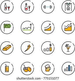 line vector icon set - wine vector, barbell, pull ups, ipo, growth, rise, gold, dollar chart, drink, coconut cocktail, beer