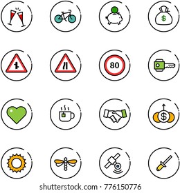 line vector icon set - wine glasses vector, bike, piggy bank, money bag, intersection road sign, narrows, speed limit 80, key, heart, hot tea, agreement, dollar growth, sun, dragonfly, satellite