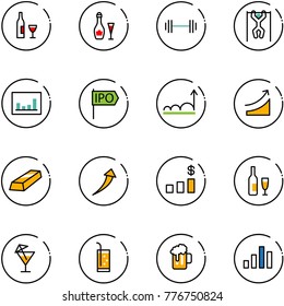 line vector icon set - wine vector, barbell, pull ups, statistics, ipo, growth, rise, gold, dollar chart, drink, beer