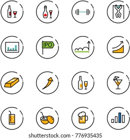line vector icon set - wine vector, barbell, pull ups, statistics, ipo, growth, rise, gold, drink, coconut cocktail, beer, chart