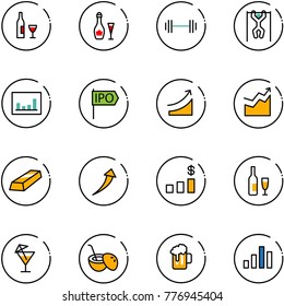 line vector icon set - wine vector, barbell, pull ups, statistics, ipo, rise, growth, gold, dollar chart, drink, coconut cocktail, beer