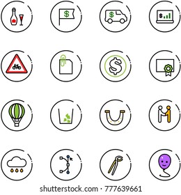 line vector icon set - wine vector, dollar flag, encashment car, account statistics, road for moto sign, attachment, certificate, air balloon, garbage, luck, agreement, rain cloud, bezier, plumber