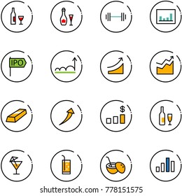 line vector icon set - wine vector, barbell, statistics, ipo, growth, rise, gold, dollar chart, drink, coconut cocktail