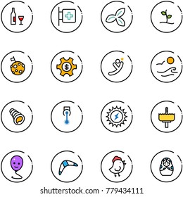 line vector icon set - wine vector, first aid room, three leafs, sproute, moon flag, money managemet, flying man, waves, shell, laser, sun power, crown drill, balloon smile, boomerang, chicken toy