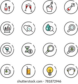 line vector icon set - wine vector, glasses, champagne, snowball house, heart diagnosis, blood test, bacteria, no alcohol sign, account history, magnifier, head hunter, green tea, drink, bulb