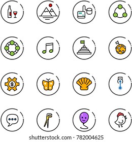 line vector icon set - wine vector, mountains, tonometer, social, friends, music, pyramid flag, moon, money managemet, butterfly, shell, laser, chat, plumber, balloon smile, chicken toy