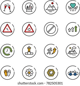 line vector icon set - wine glasses vector, snowball house, mountains, heart care, turn left road sign, round motion, no limit, arrows up, clock around, winner, career, flip flops, flower, nut