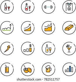 line vector icon set - wine vector, barbell, pull ups, growth, rise, gold, dollar chart, drink, coconut cocktail, beer