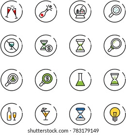 line vector icon set - wine glasses vector, champagne, snowball house, bacteria, no alcohol sign, account history, sand clock, magnifier, head hunter, search money, flask, drink, bulb