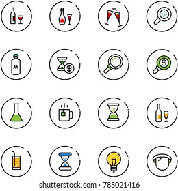line vector icon set - wine vector, glasses, bacteria, milk, account history, magnifier, search money, flask, green tea, sand clock, drink, bulb, protect glass