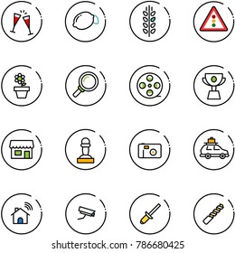 line vector icon set - wine glasses vector, lemon, spica, traffic light road sign, flower pot, magnifier, film coil, cup, store, pawn, photo, car baggage, wireless home, surveillance camera, clinch