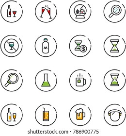 line vector icon set - wine vector, glasses, snowball house, bacteria, no alcohol sign, milk, account history, sand clock, magnifier, flask, green tea, drink, beer, protect glass