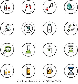 line vector icon set - wine vector, glasses, champagne, blood test, bacteria, no alcohol sign, milk, magnifier, search money, flask, green tea, sand clock, drink, beer