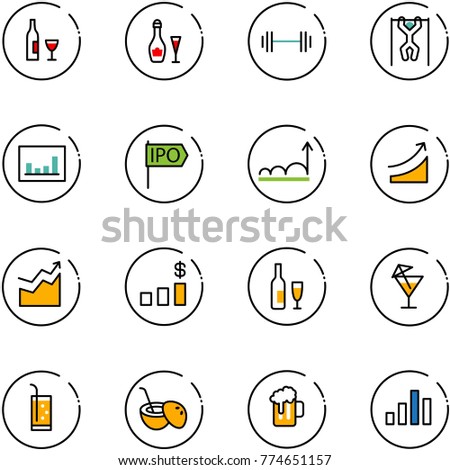 line vector icon set - wine vector, barbell, pull ups, statistics, ipo, growth, rise, dollar chart, drink, coconut cocktail, beer