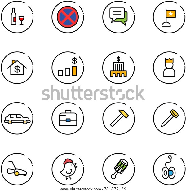 line vector icon\
set - wine vector, no stop road sign, chat, flag, home dollar,\
chart, bank building, king, limousine, case, hammer, nail, lawn\
mower, chicken toy, beanbag,\
yoyo