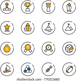 line vector icon set - winner vector, win cup, award, arrows up, mountain, gold medal, volleyball, windsurfing, billiards balls, dart, football