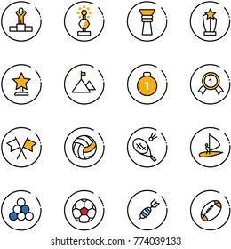 line vector icon set - winner vector, award, mountain, gold medal, flags cross, volleyball, badminton, windsurfing, billiards balls, soccer ball, dart, football