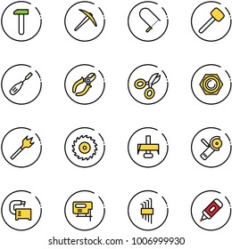 line vector icon set - work vector, axe, fretsaw, rubber hammer, chisel, side cutters, scissors, nut, wood drill, saw disk, milling cutter, Angular grinder, machine tool, jig, allen key set, marker