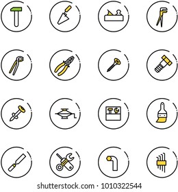 line vector icon set - work vector, trowel, jointer, plumber, pliers, screw, bolt, nail dowel, jack, tool box, brush, rasp, wrench screwdriver, allen key, set
