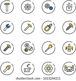 line vector icon set - work vector, gear, casting of steel, wrench, hammer, side cutters, screw, rivet, wood drill, milling cutter, tile, welding, sharpening