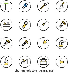 line vector icon set - work vector, wrench, sledgehammer, trowel, jointer, screwdriver, bolt, screw, wood drill, brush, stapler, tool box, allen key set