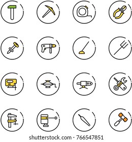 Line Vector Icon Set - Work Vector, Axe, Measuring Tape, Side Cutters, Nail Dowel, Drill Machine, Hoe, Farm Fork, Jig Saw, Jack, Pipe Welding, Wrench Screwdriver, Clamp, Laser Lever, Forceps