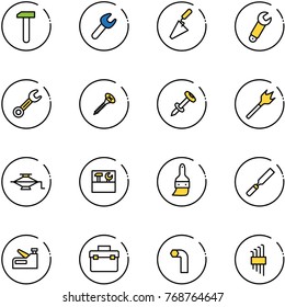 line vector icon set - work vector, wrench, trowel, screw, nail dowel, wood drill, jack, tool box, brush, rasp, stapler, allen key, set