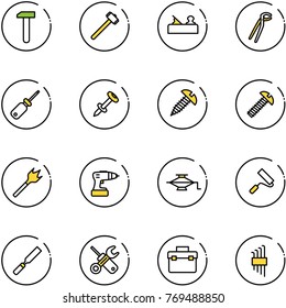 line vector icon set - work vector, sledgehammer, jointer, plumber, screwdriver, nail dowel, screw, wood drill, jack, paint roller, rasp, wrench, tool box, allen key set