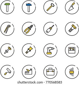 line vector icon set - work vector, hammer, sledgehammer, trowel, plumber, pliers, screwdriver, bolt, nail dowel, drill, tool box, paint roller, stapler, allen key set